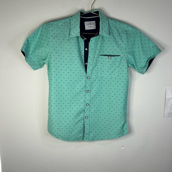 Craft + Flow Boys Size Small 8 Mint Green Short Sleeve Button Down Shirt Print - Picture 1 of 6